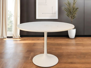 40" White Rounded Marble And Iron Pedestal Base Dining Table