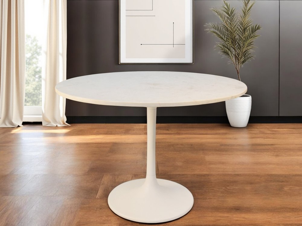 40" White Rounded Marble And Iron Pedestal Base Dining Table