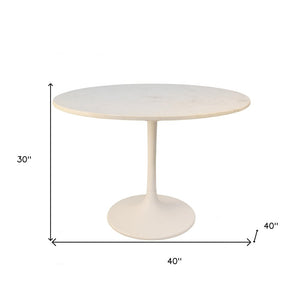 40" White Rounded Marble And Iron Pedestal Base Dining Table