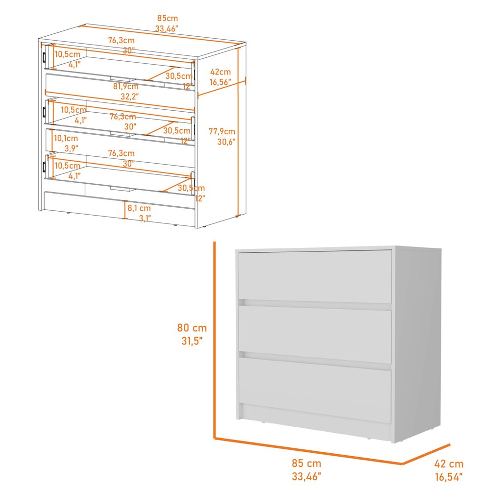 33" White Three Drawer Dresser
