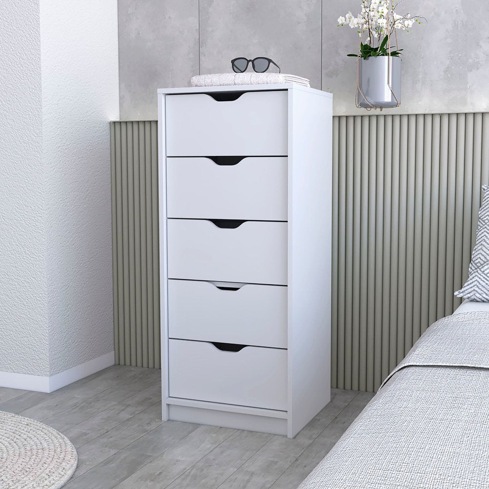 18" White Wood Five Drawer Dresser