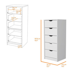 18" White Five Drawer Dresser