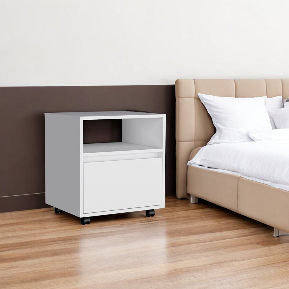 21" White Wood One Drawer Nightstand with Integrated Tech