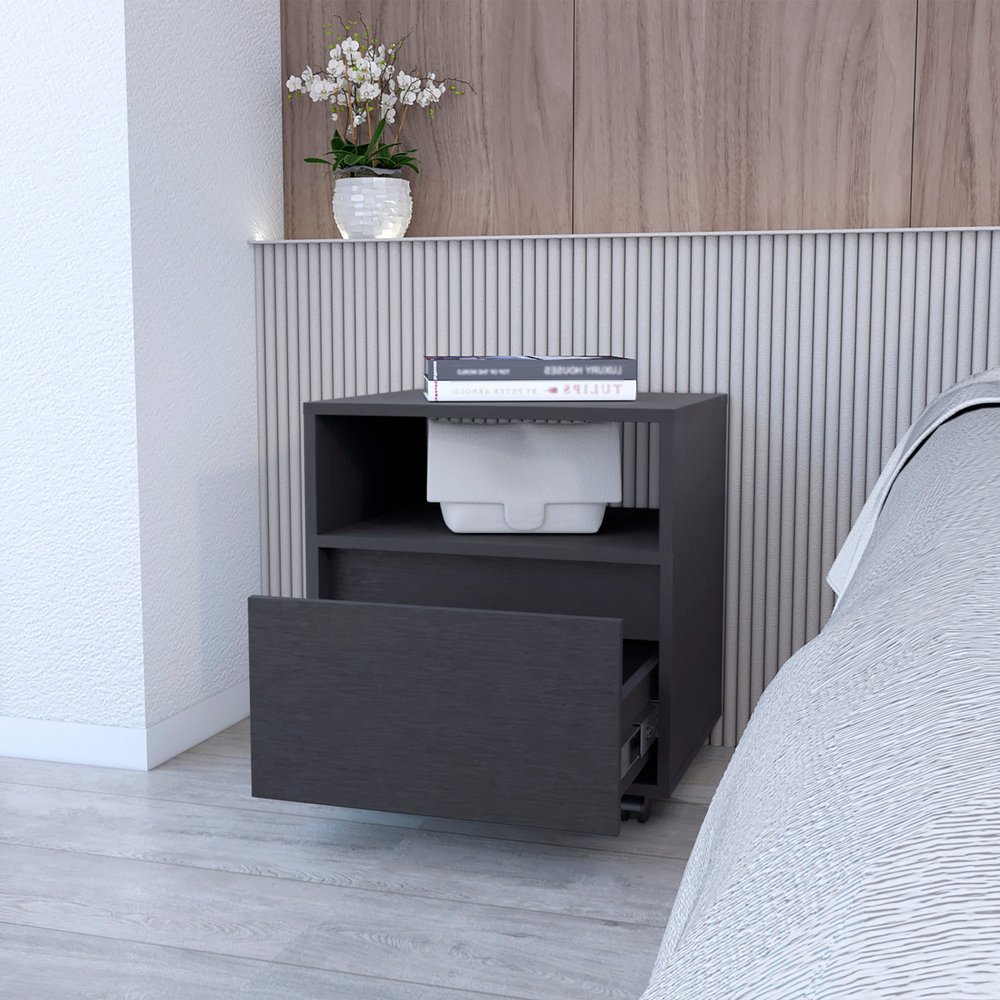 21" Black Wood One Drawer Nightstand with Integrated Tech