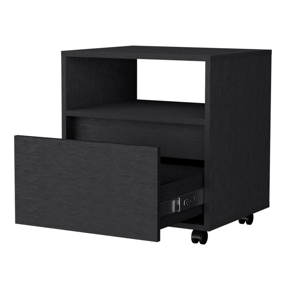 21" Black Wood One Drawer Nightstand with Integrated Tech