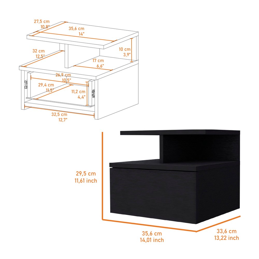 12" Black Wood One Drawer Nightstand with Integrated Tech