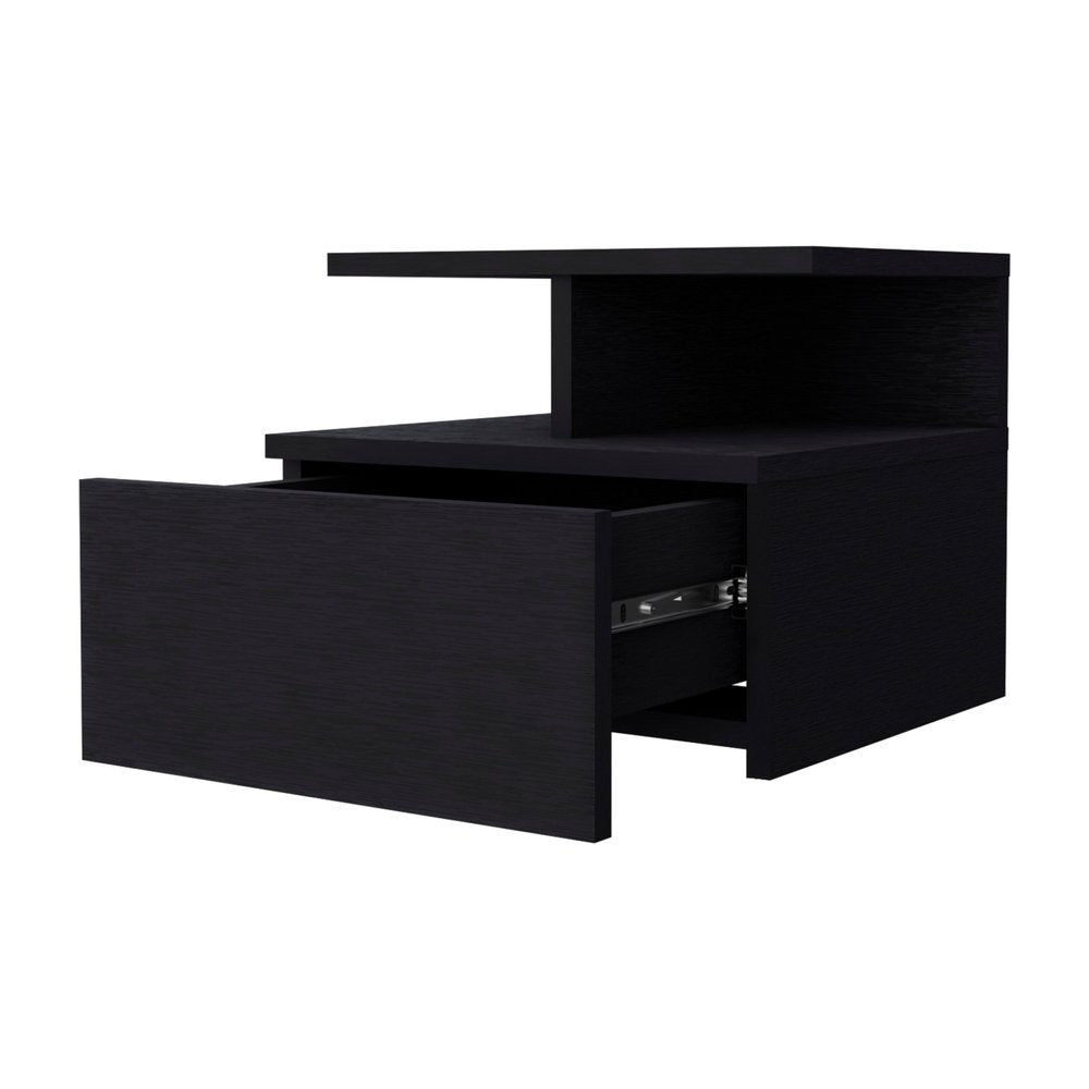 12" Black Wood One Drawer Nightstand with Integrated Tech