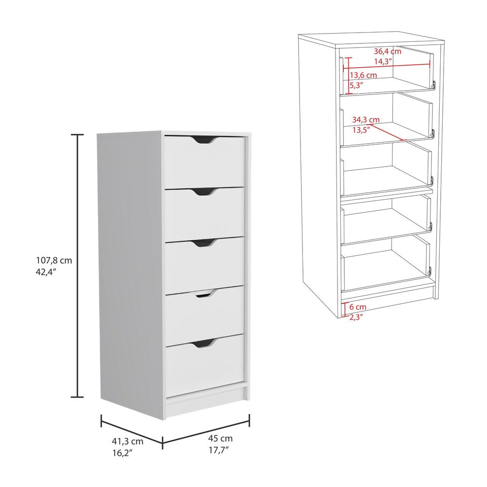18" White Five Drawer Dresser