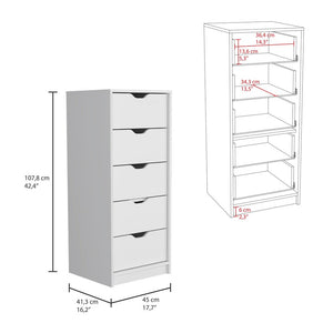 18" White Five Drawer Dresser