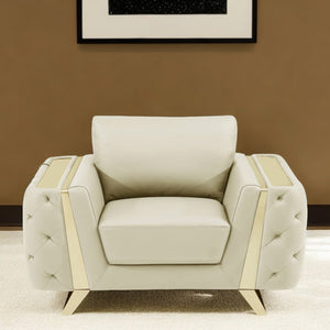 50" Beige And Gold Genuine Leather Tufted Club Chair
