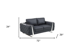 72" Dark Gray And Silver Genuine Leather Loveseat