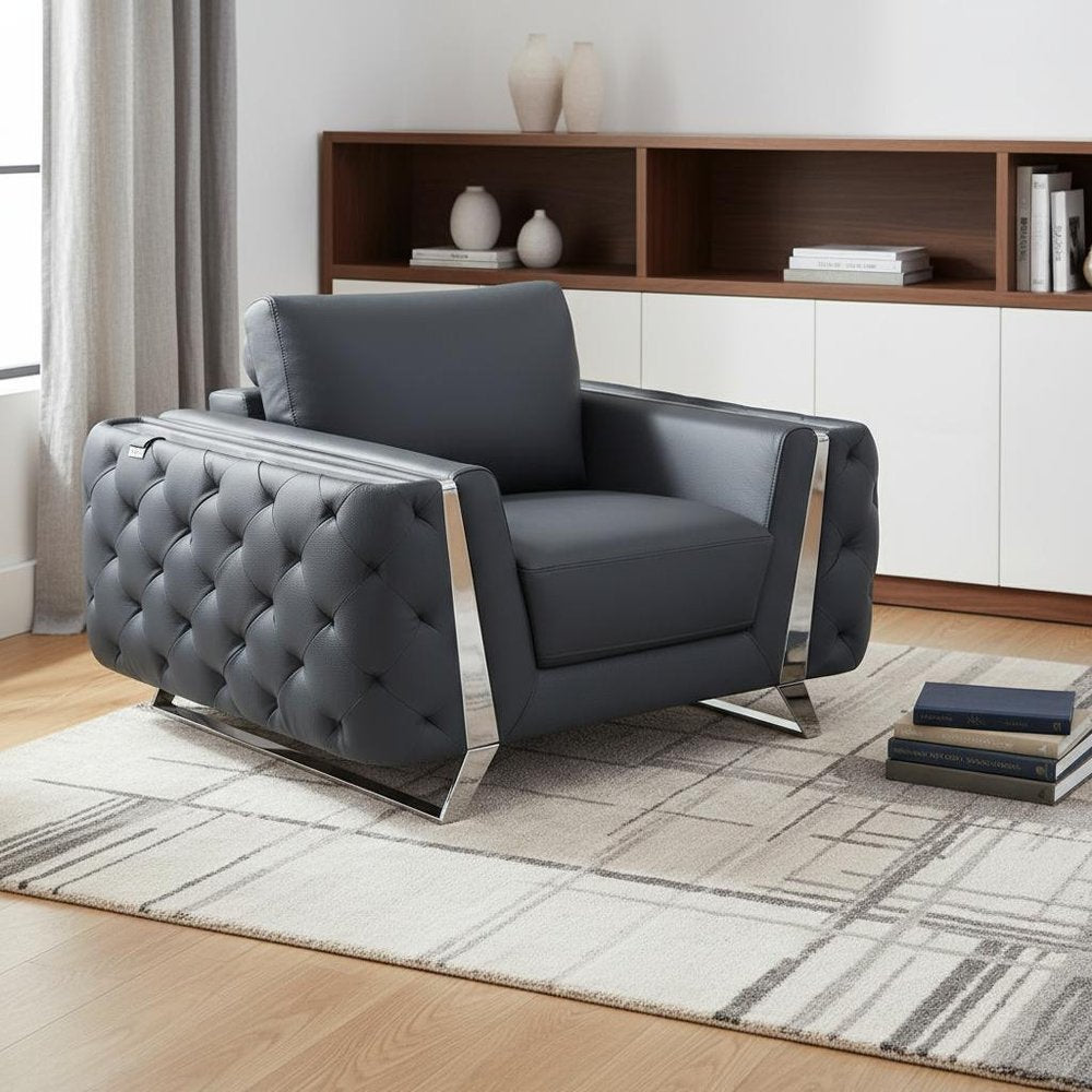 50" Dark Gray And Silver Faux Leather Tufted Club Chair