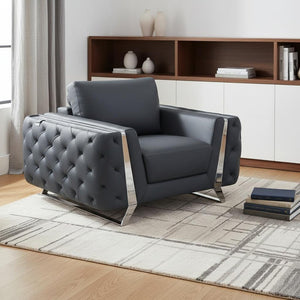50" Dark Gray And Silver Faux Leather Tufted Club Chair