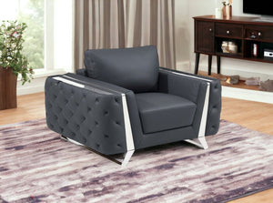 50" Dark Gray And Silver Faux Leather Tufted Club Chair