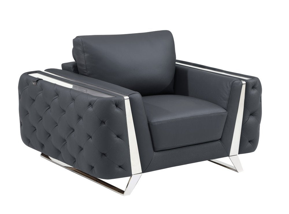50" Dark Gray And Silver Faux Leather Tufted Club Chair