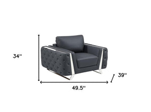 50" Dark Gray And Silver Faux Leather Tufted Club Chair