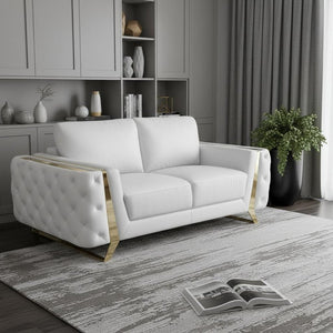 72" White And Gold Genuine Leather Loveseat