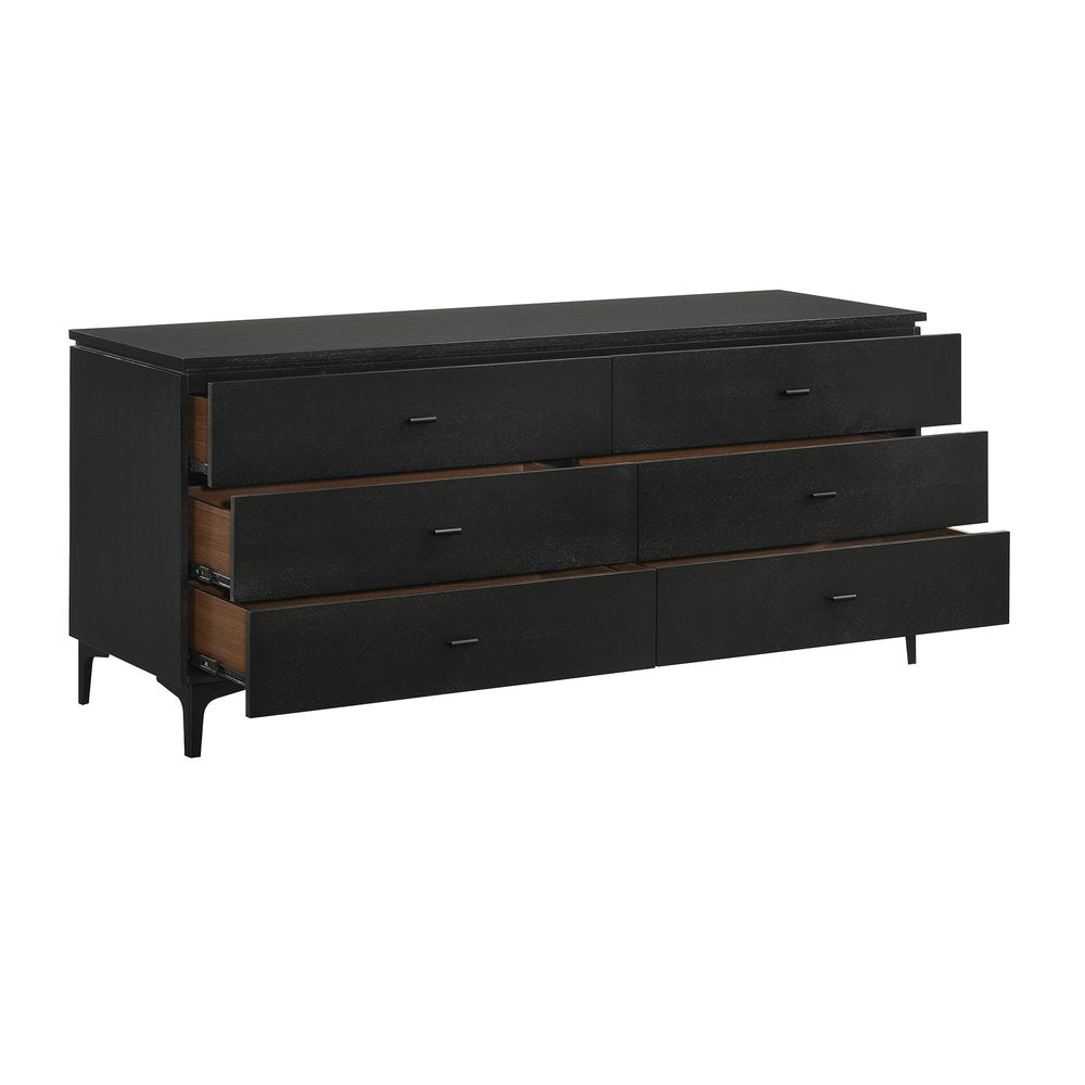 63" Black Wood Six Drawer Double Dresser