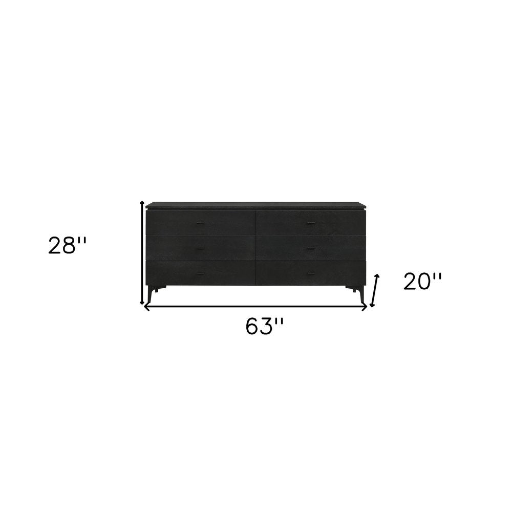 63" Black Wood Six Drawer Double Dresser