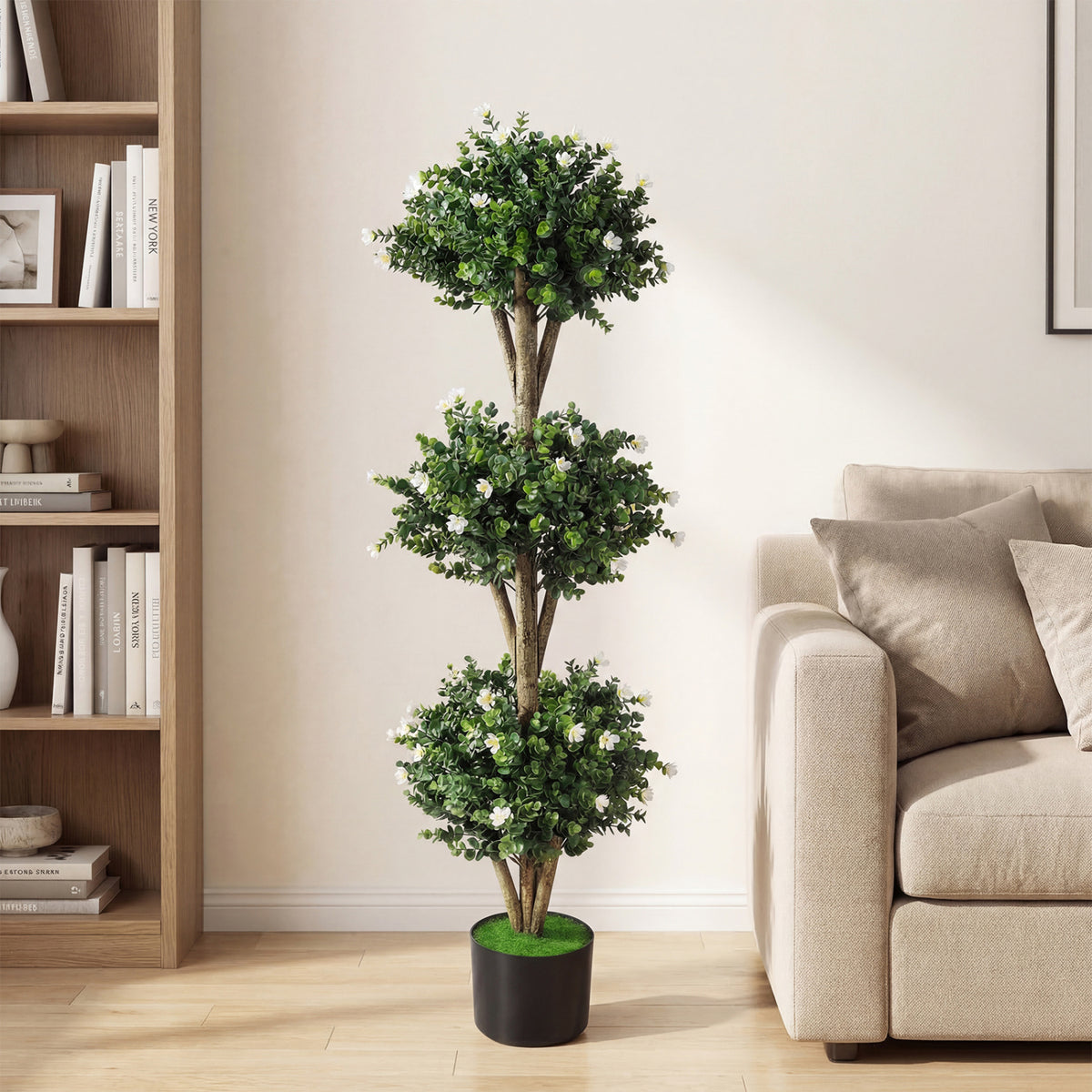 51" Artificial Triple Ball Boxwood Topiary Tree with 59 Blossoms-White