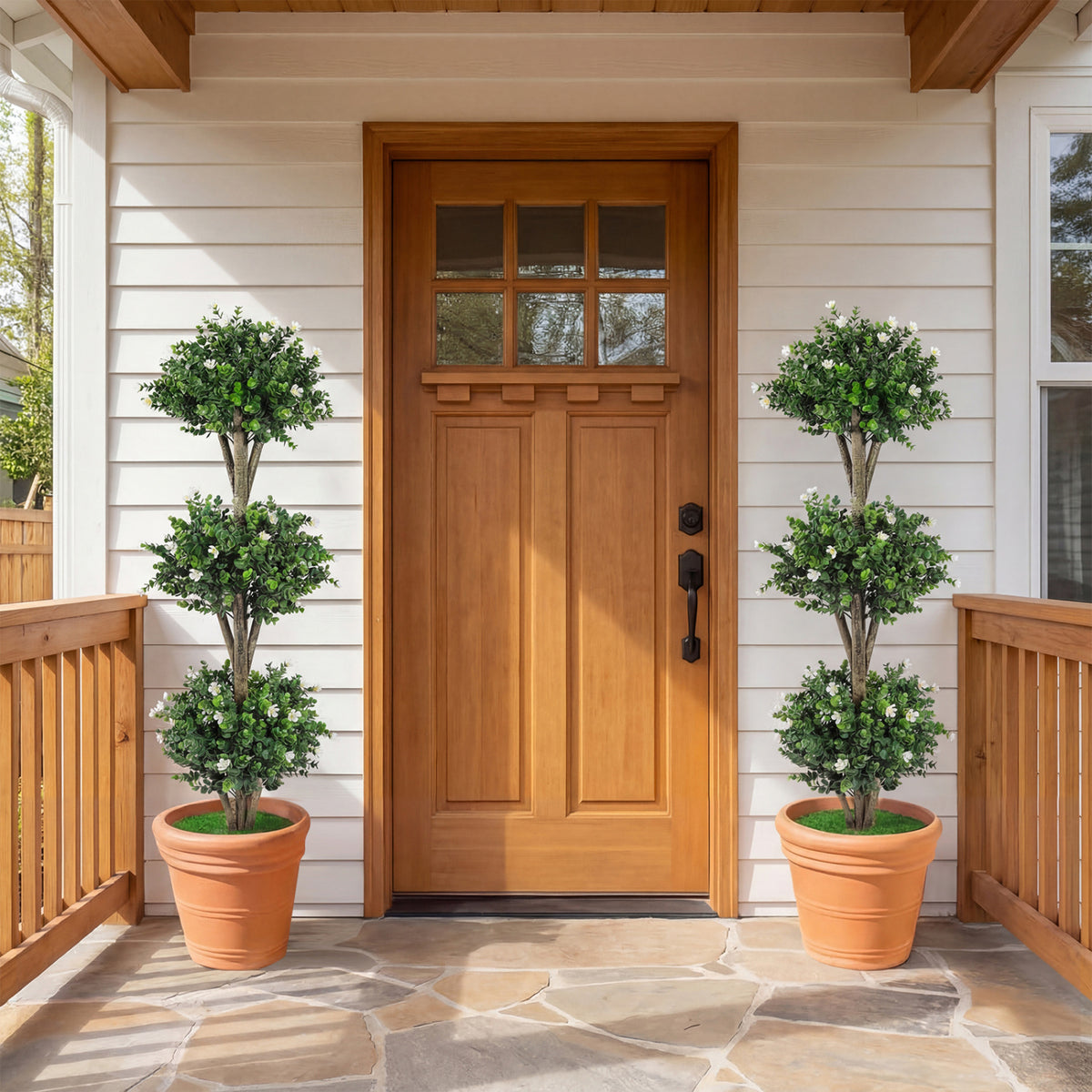 51" Artificial Triple Ball Boxwood Topiary Tree with 59 Blossoms-White