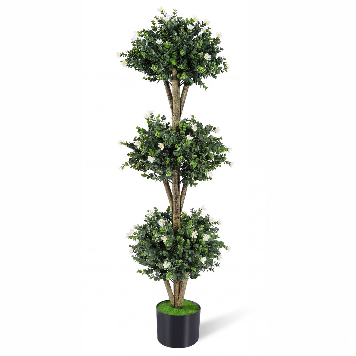 51" Artificial Triple Ball Boxwood Topiary Tree with 59 Blossoms-White