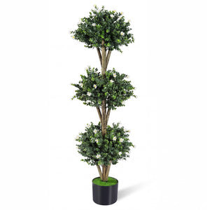51" Artificial Triple Ball Boxwood Topiary Tree with 59 Blossoms-White