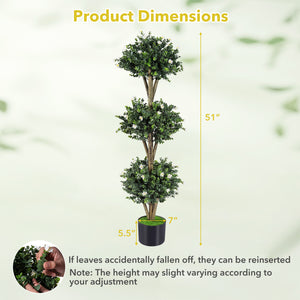 51" Artificial Triple Ball Boxwood Topiary Tree with 59 Blossoms-White