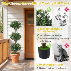 51" Artificial Triple Ball Boxwood Topiary Tree with 59 Blossoms-White