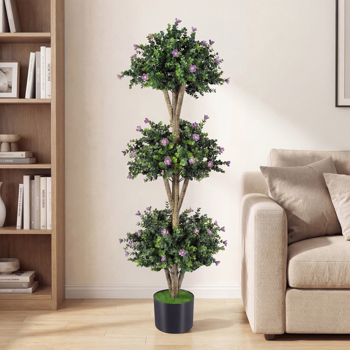 51" Artificial Triple Ball Boxwood Topiary Tree with 59 Blossoms-Purple