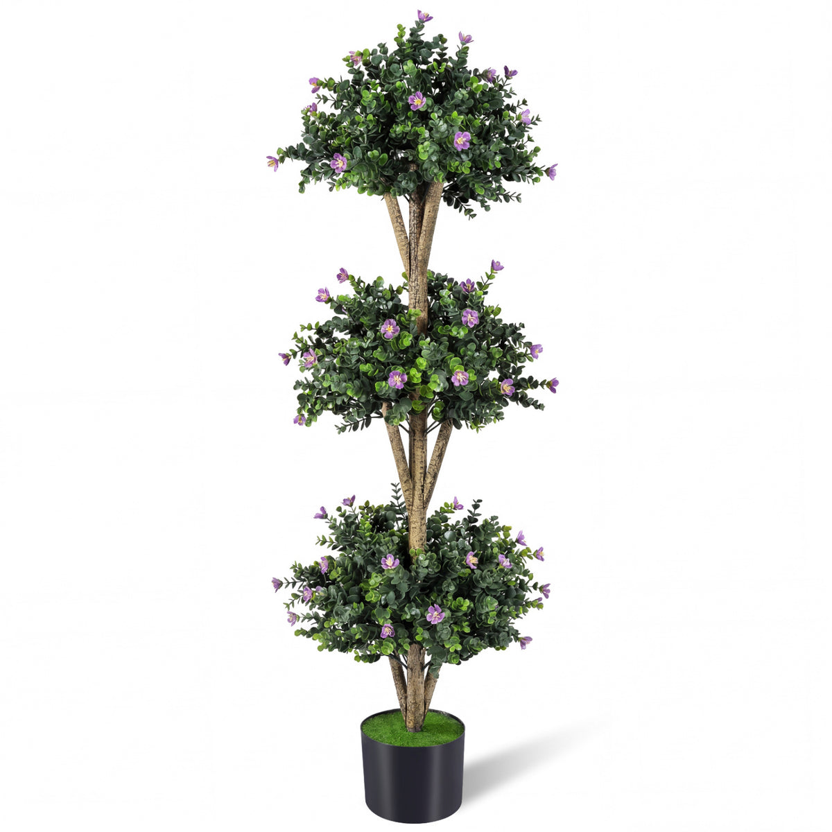 51" Artificial Triple Ball Boxwood Topiary Tree with 59 Blossoms-Purple