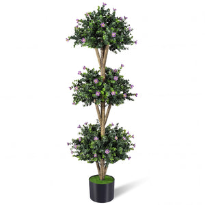 51" Artificial Triple Ball Boxwood Topiary Tree with 59 Blossoms-Purple
