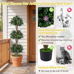 51" Artificial Triple Ball Boxwood Topiary Tree with 59 Blossoms-Purple
