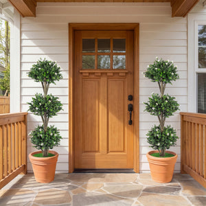51" Artificial Triple Ball Boxwood Topiary Tree with 59 Blossoms Set of 2-White