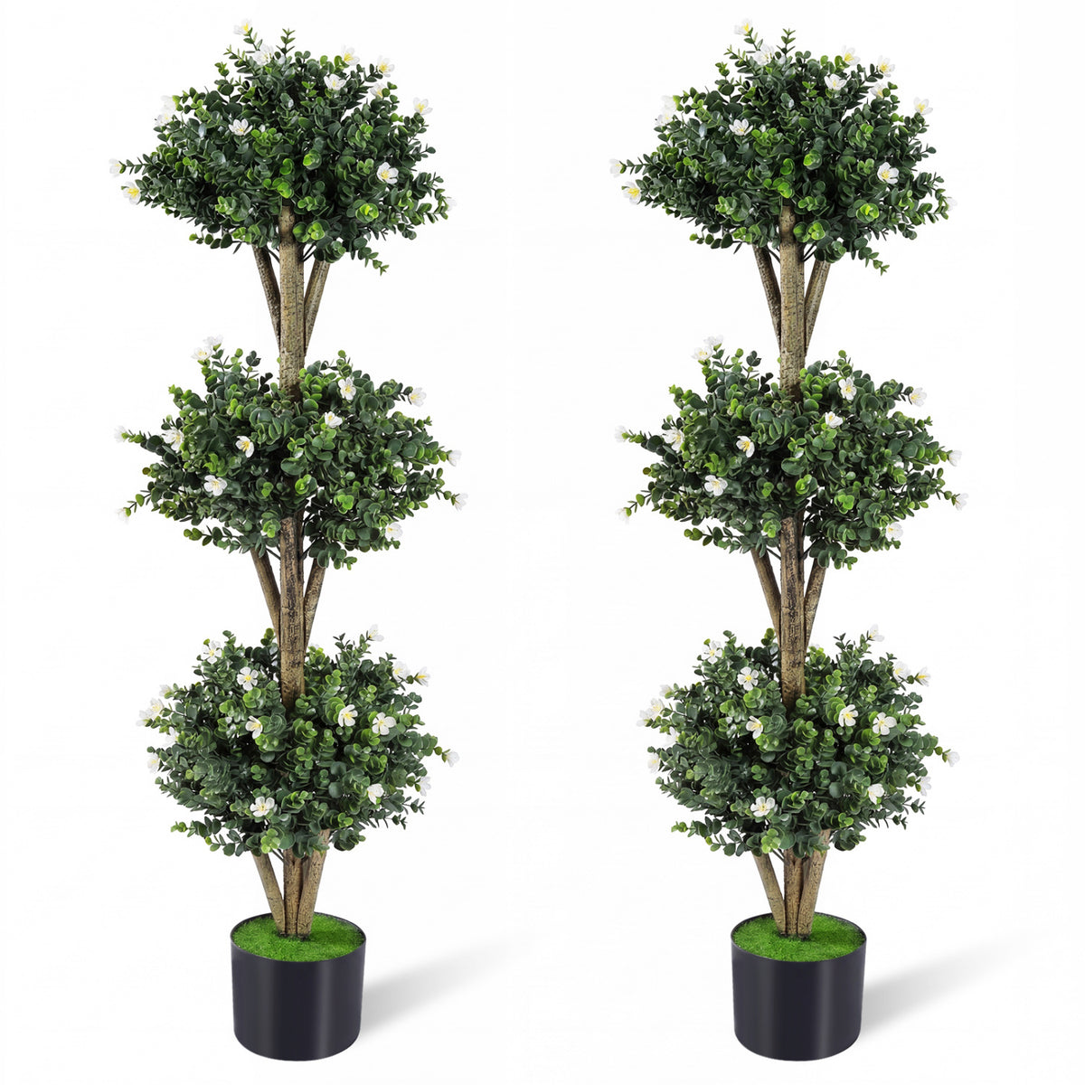 51" Artificial Triple Ball Boxwood Topiary Tree with 59 Blossoms Set of 2-White