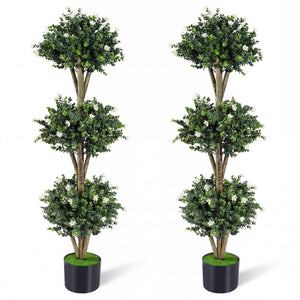 51" Artificial Triple Ball Boxwood Topiary Tree with 59 Blossoms Set of 2-White