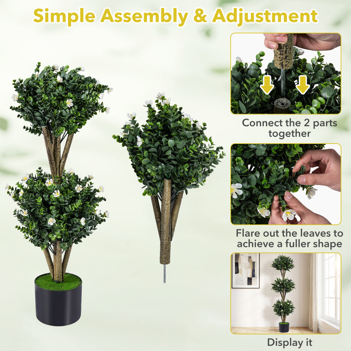 51" Artificial Triple Ball Boxwood Topiary Tree with 59 Blossoms Set of 2-White