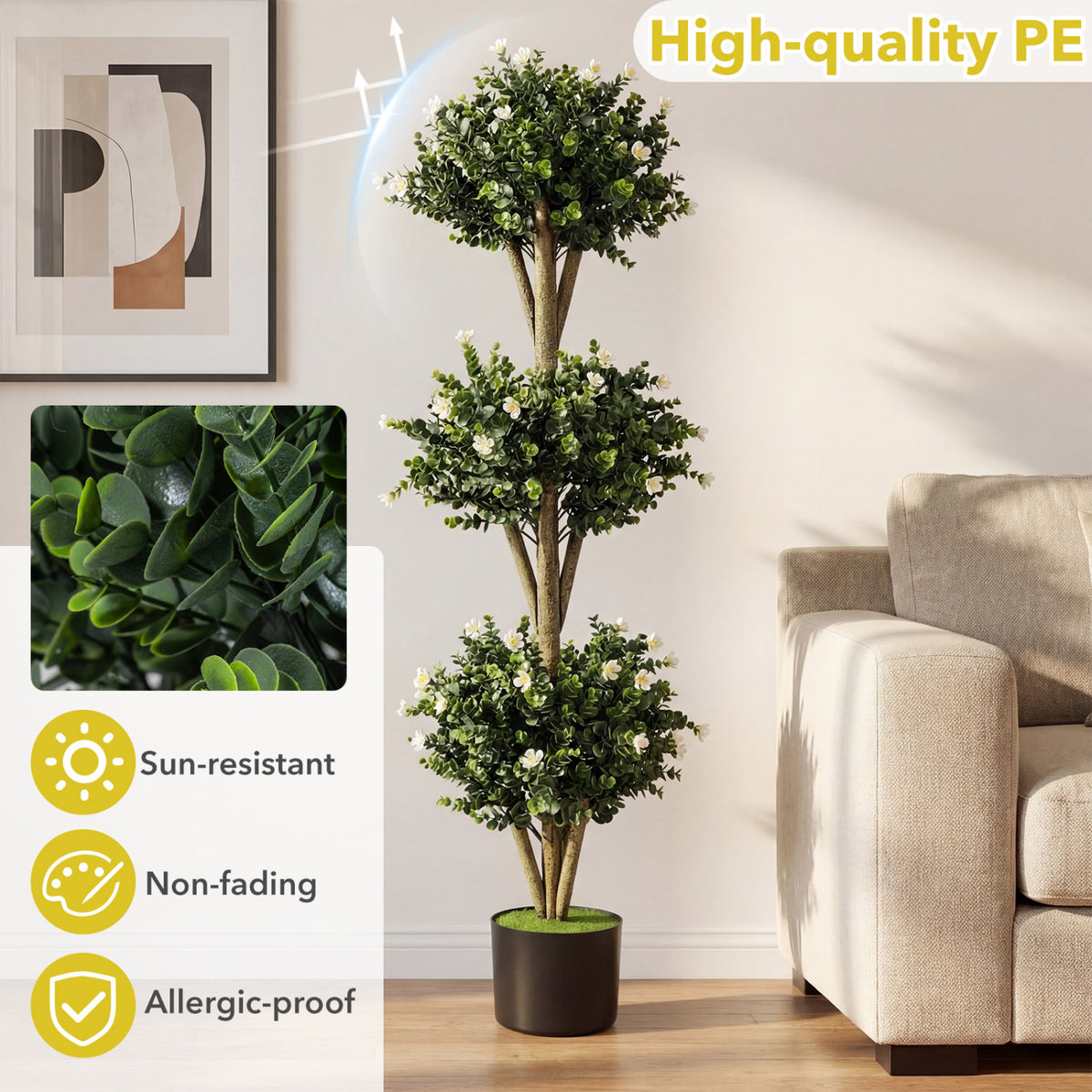 51" Artificial Triple Ball Boxwood Topiary Tree with 59 Blossoms Set of 2-White