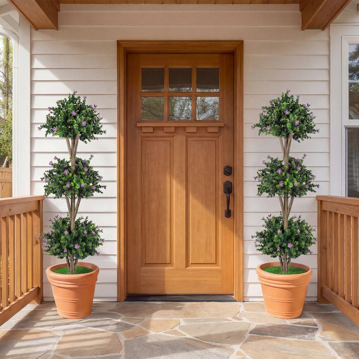 51" Artificial Triple Ball Boxwood Topiary Tree with 59 Blossoms Set of 2-Purple
