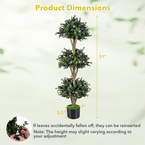 51" Artificial Triple Ball Boxwood Topiary Tree with 59 Blossoms Set of 2-Purple