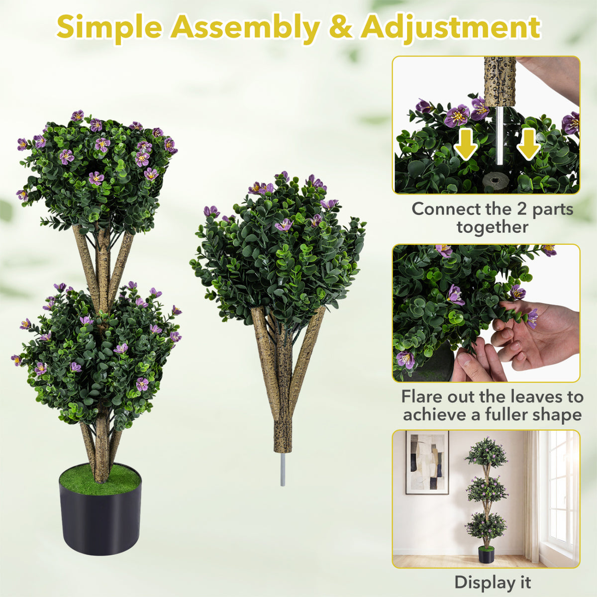 51" Artificial Triple Ball Boxwood Topiary Tree with 59 Blossoms Set of 2-Purple