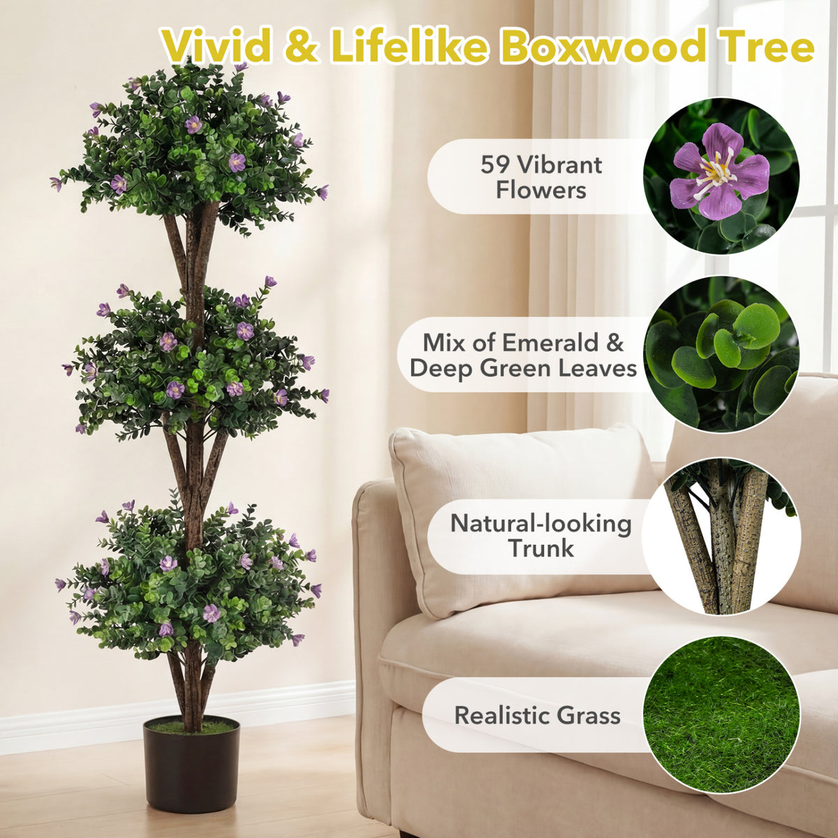 51" Artificial Triple Ball Boxwood Topiary Tree with 59 Blossoms Set of 2-Purple