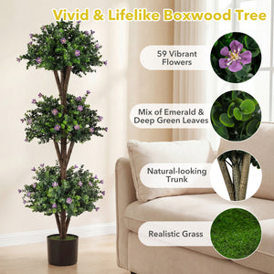 51" Artificial Triple Ball Boxwood Topiary Tree with 59 Blossoms Set of 2-Purple