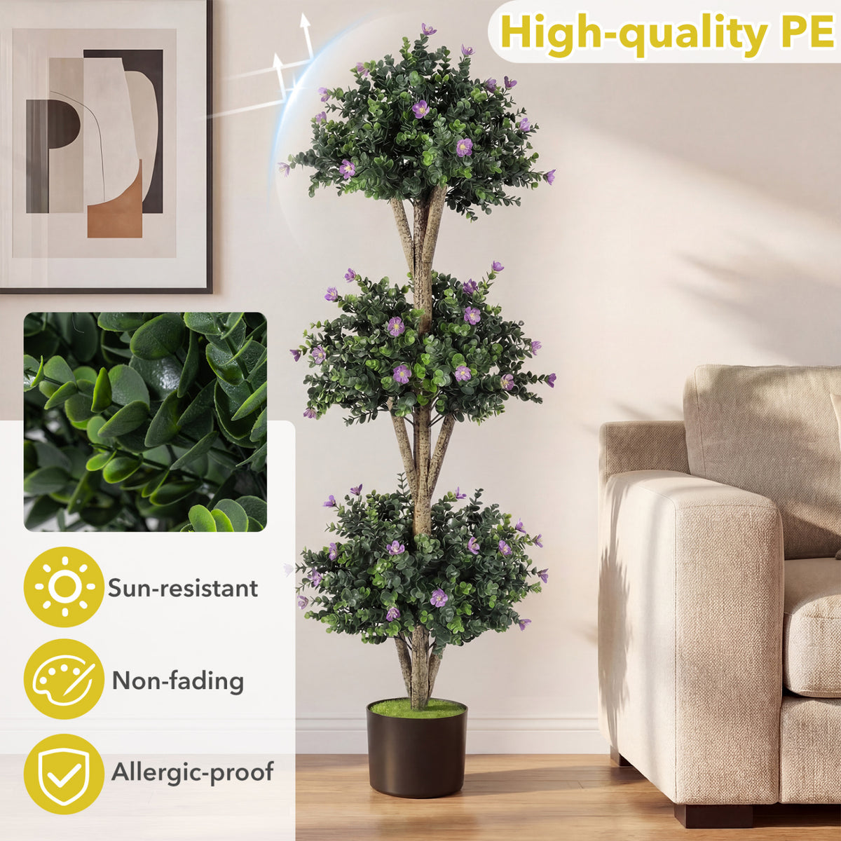 51" Artificial Triple Ball Boxwood Topiary Tree with 59 Blossoms Set of 2-Purple