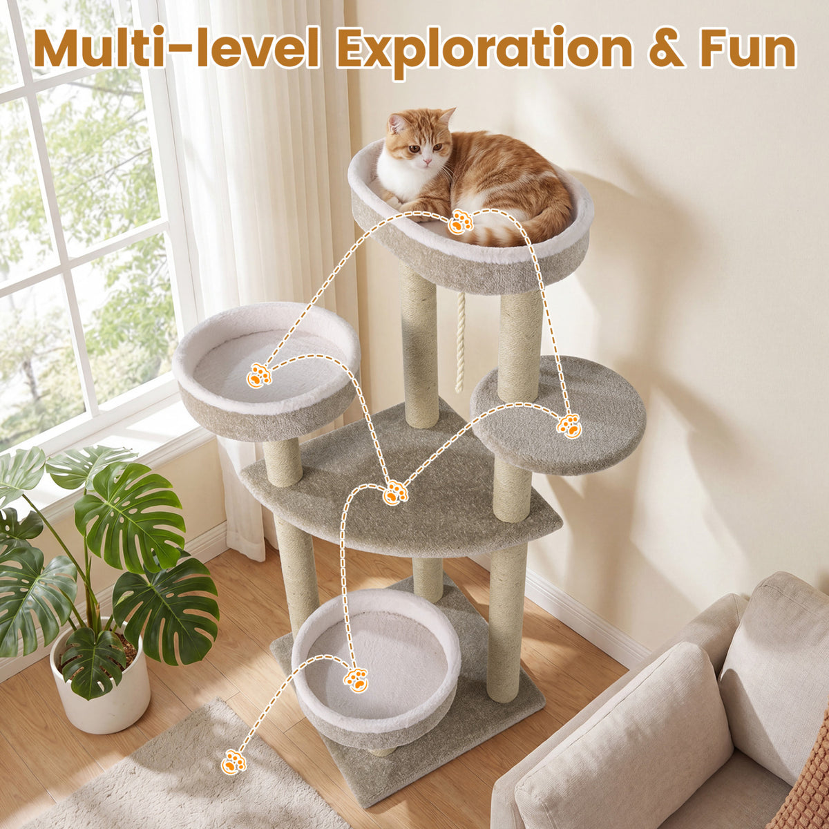 51"Carpeted Cat Tree with Comfy Plush Perches for Indoor Cats-Beige