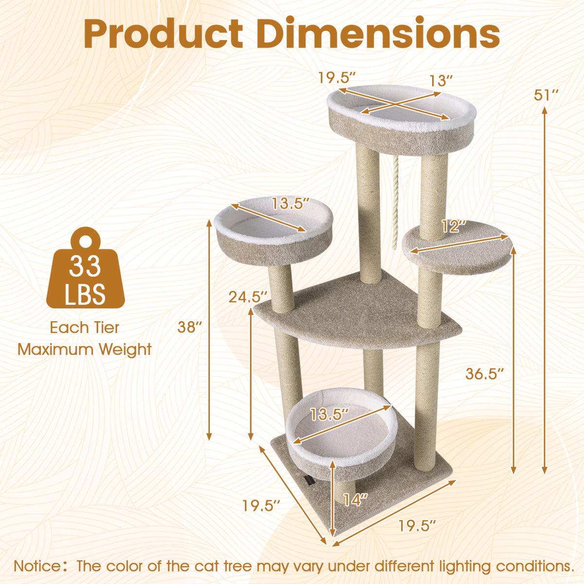 51"Carpeted Cat Tree with Comfy Plush Perches for Indoor Cats-Beige