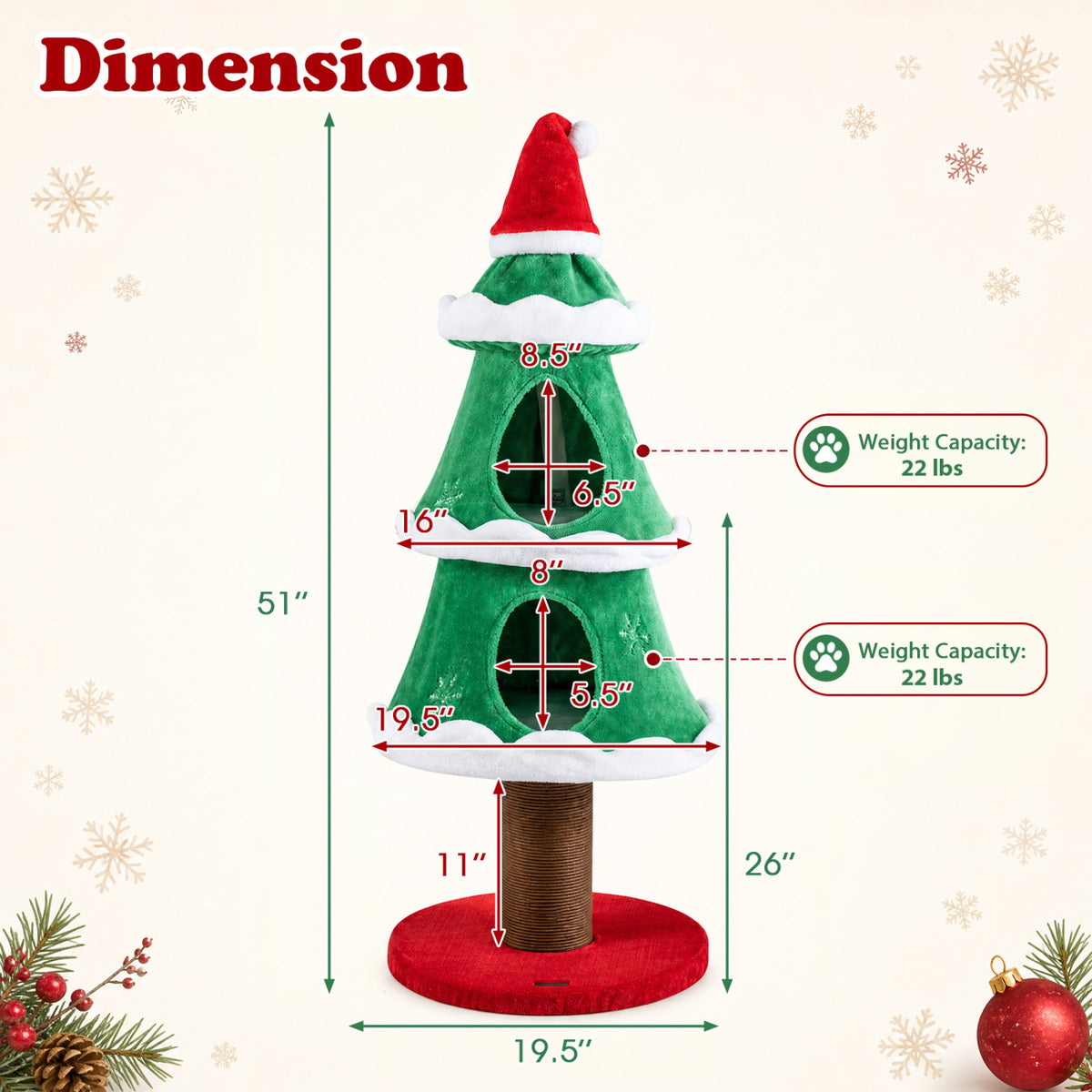 51" Christmas Cat Tree with 2 Cozy Condos and Scratching Post for Pets-Green