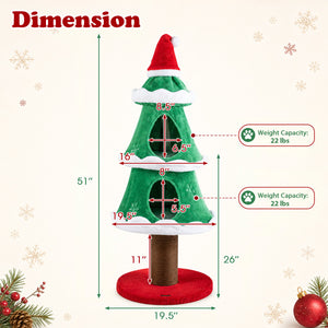 51" Christmas Cat Tree with 2 Cozy Condos and Scratching Post for Pets-Green