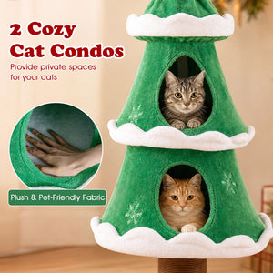 51" Christmas Cat Tree with 2 Cozy Condos and Scratching Post for Pets-Green