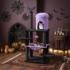 51â€ Gothic Multi-level Cat Tree with Spider Hanging Toy for Black Halloween-Purple